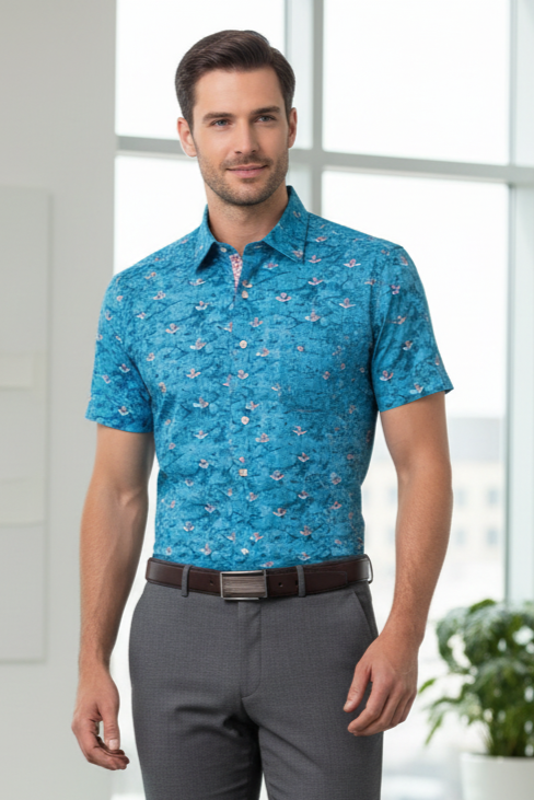 Leo Chevalier Design Blue Background Casual Short Sleeve Shirt