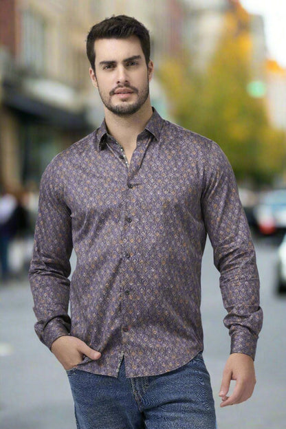 Leo Chevalier Design Elegant Navy Contemporary Print Men's Long Sleeve Slim Fit Shirt