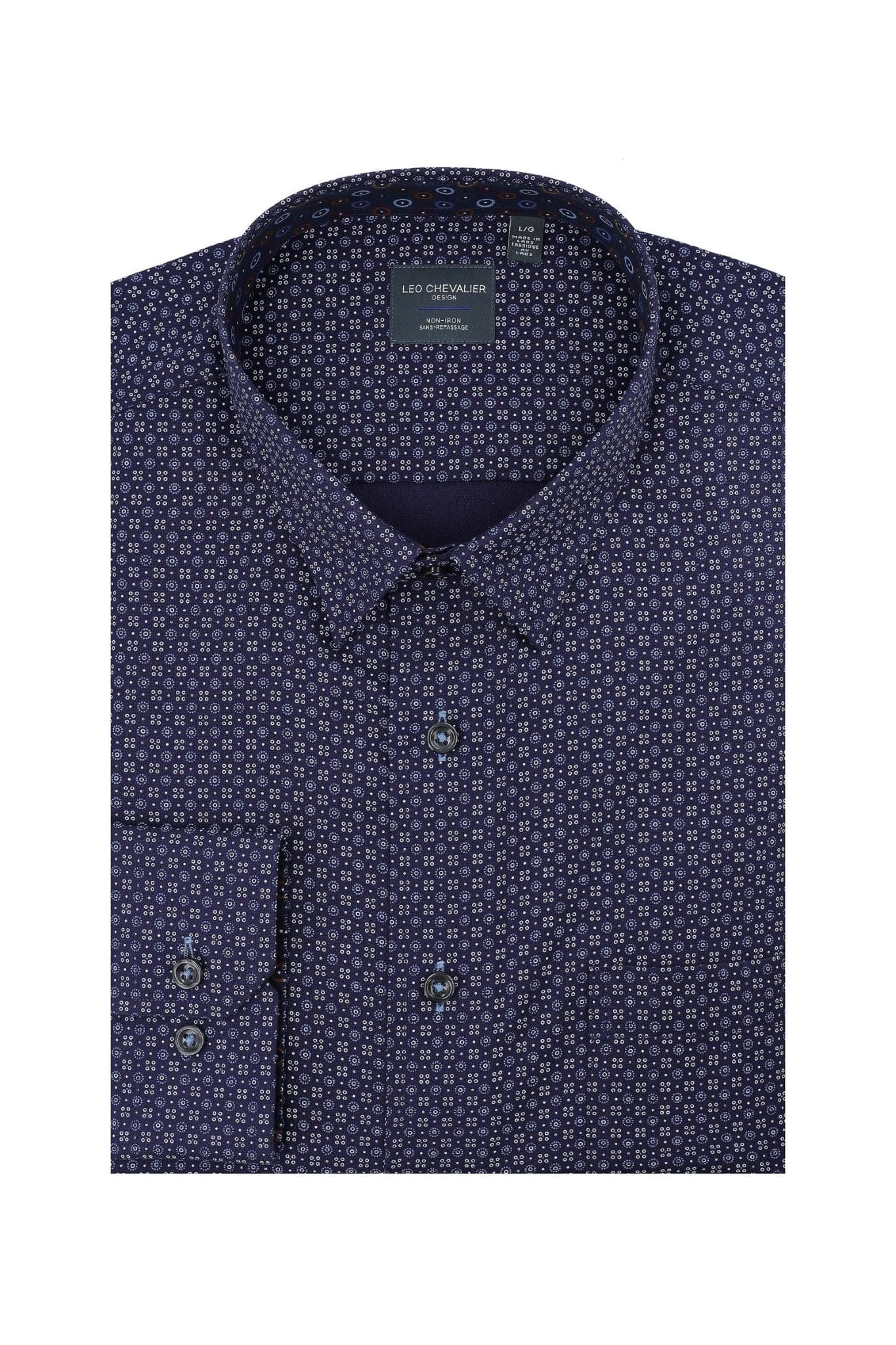 Leo Chevalier Design Modern Print on Navy Long Sleeve Men's Hidden Button Down