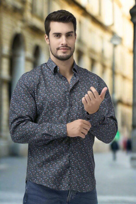 Leo Chevalier Design Multi Floral Print Hidden Button Down Long Sleeve Sport Shirt