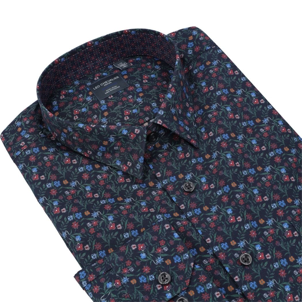 Leo Chevalier Design Multi Floral Print Hidden Button Down Long Sleeve Sport Shirt