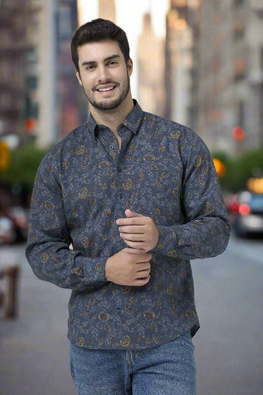 Leo Chevalier Design Navy Paisley Floral Long Sleeve Men's Hidden Button Down Shirt