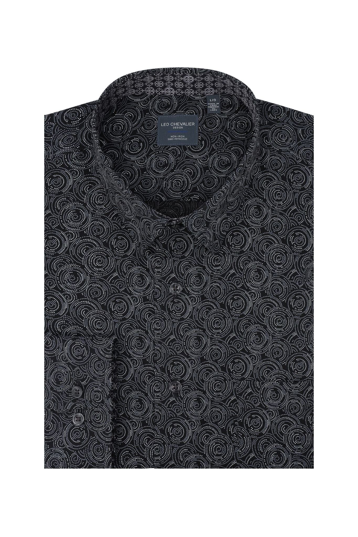 Leo Chevalier Design Circular Print on Black Long Sleeve Hidden Button Down Shirt