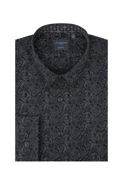 Leo Chevalier Design Circular Print on Black Long Sleeve Hidden Button Down Shirt