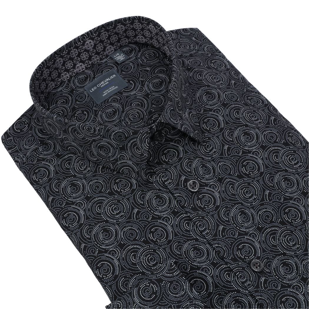 Leo Chevalier Design Circular Print on Black Long Sleeve Hidden Button Down Shirt