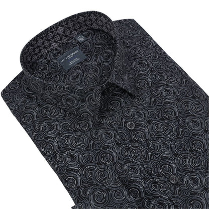 Leo Chevalier Design Circular Print on Black Long Sleeve Hidden Button Down Shirt