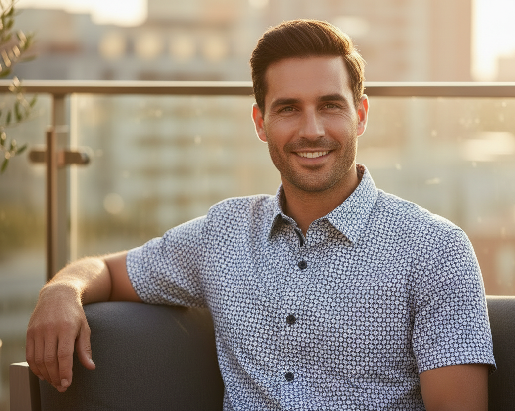 Leo Chevalier Design Blue Geo Print Casual Men's Hidden Button-Down Shirt