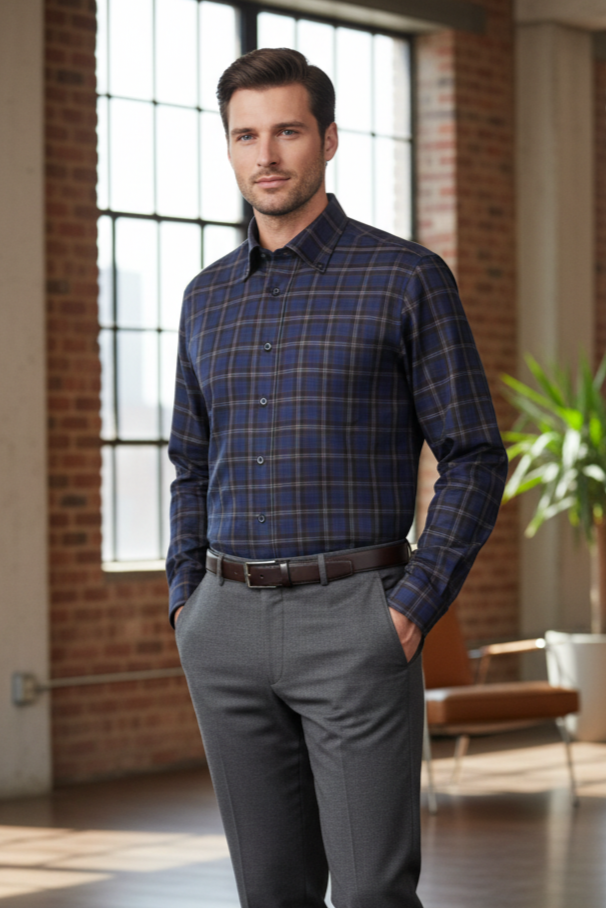 Leo Chevalier Design Cotton Navy Plaid Men's Button Down Long Sleeve Shirt