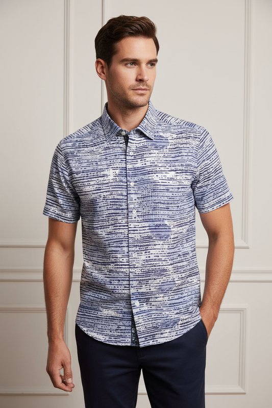 Leo Chevalier Design Blue Abstract Slim Fit Short Sleeve Shirt