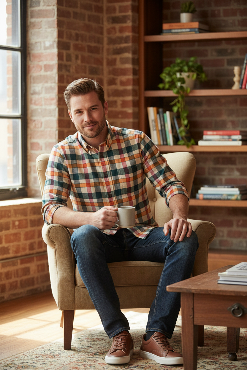 Viyella Orange Plaid Cotton & Cashmere Men's Long Sleeve Button-Down