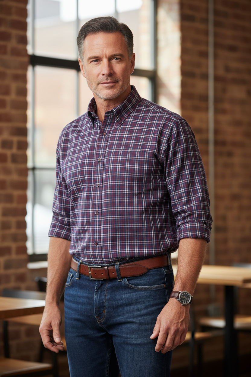 Viyella Wine Plaid with White Borders 80% Cotton Wool Sport Shirt