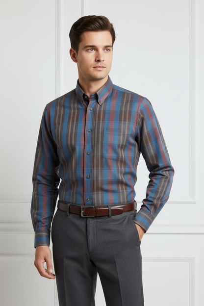 Viyella Brown Plaid 80% Cotton Wool Men’s Casual Long Sleeve Shirt