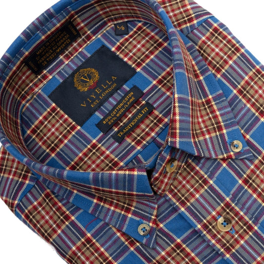 Viyella Made in Canadian Blue Plaid Viyella Long Sleeve Button Down Shirts