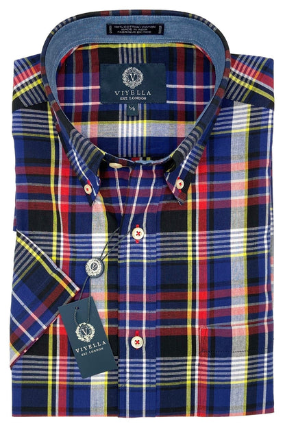 Viyella Madras Cotton Button-Down: Red Plaid Short Sleeve Shirts for Men