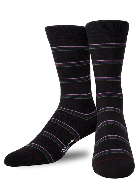 Cole & Parker Men's Black Crew Sock with Green Blue Burgundy Mauve Stripe by Cole and Parker