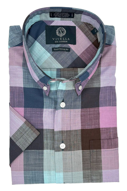 Viyella Men's Cotton Short Sleeve Shirts - Aqua Blue Plaid