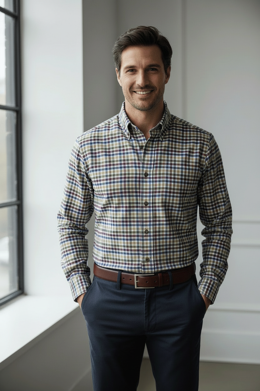 Viyella Multi Colored Cotton & Cashmere Gingham Men's Casual Long Sleeve Sport Shirt