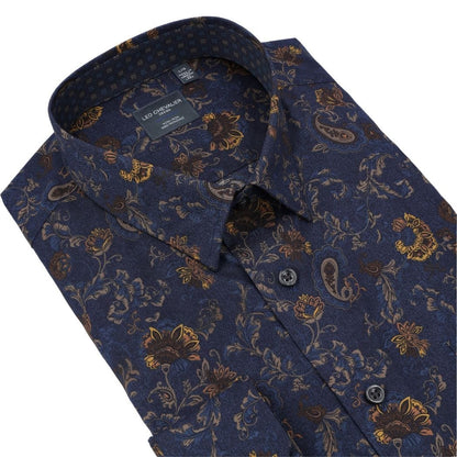 Leo Chevalier Design Navy Paisley Floral Long Sleeve Men's Hidden Button Down Shirt