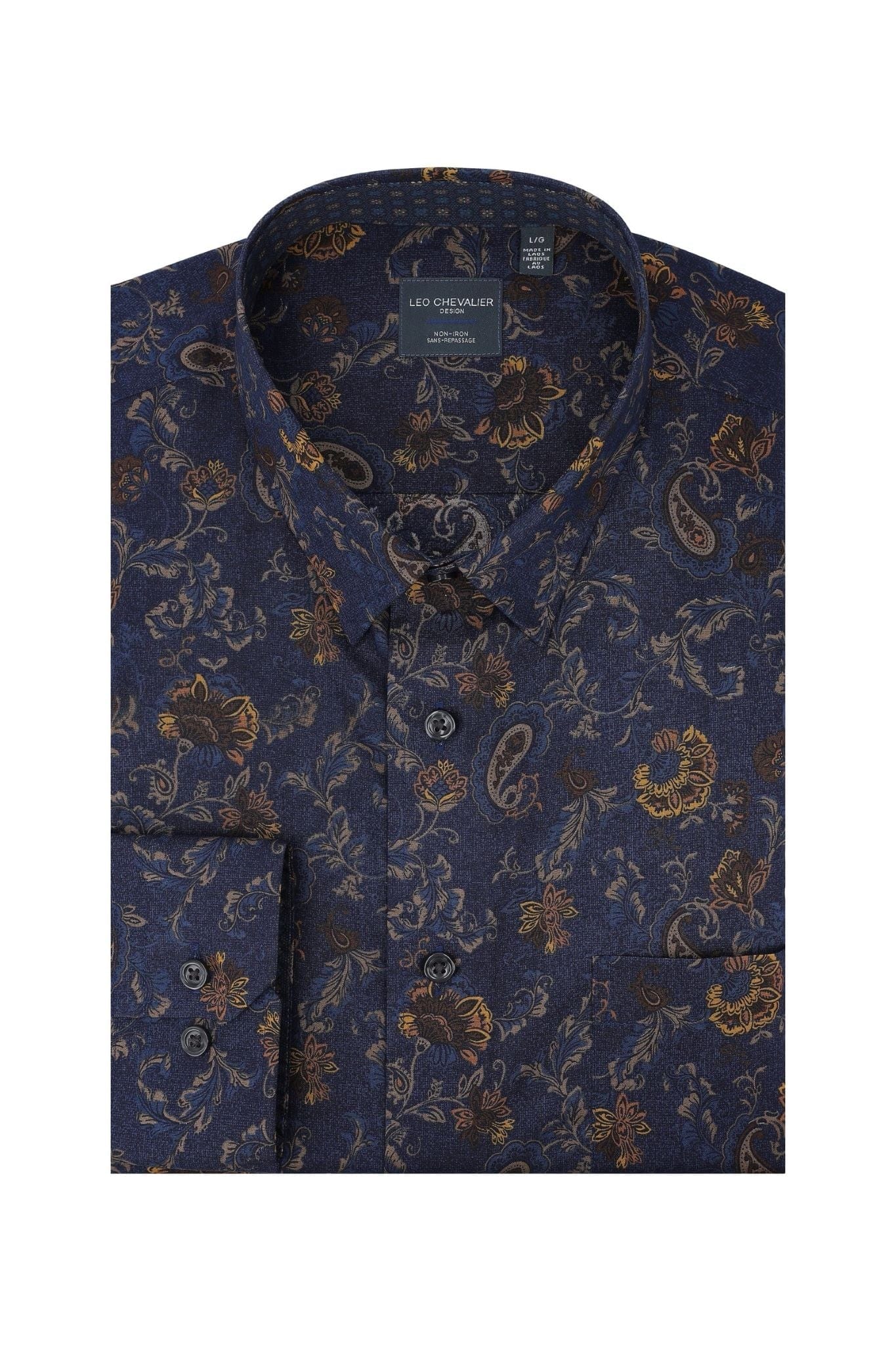 Leo Chevalier Design Navy Paisley Floral Long Sleeve Men's Hidden Button Down Shirt