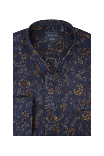 Leo Chevalier Design Navy Paisley Floral Long Sleeve Men's Hidden Button Down Shirt