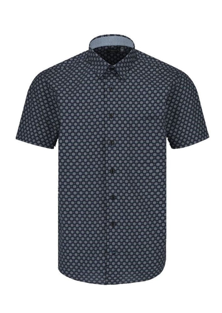 Leo Chevalier Design Navy Pattern Hidden Down Collar 100% Cotton Short Sleeve Shirts