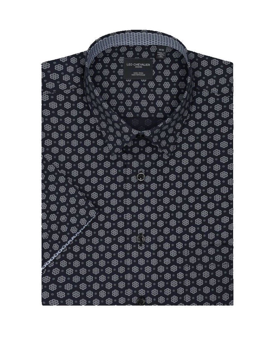 Leo Chevalier Design Navy Pattern Hidden Down Collar 100% Cotton Short Sleeve Shirts