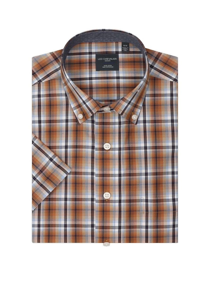 Leo Chevalier Design Orange Plaid Leo Chevalier Cotton Down Collar Short Sleeve Shirts