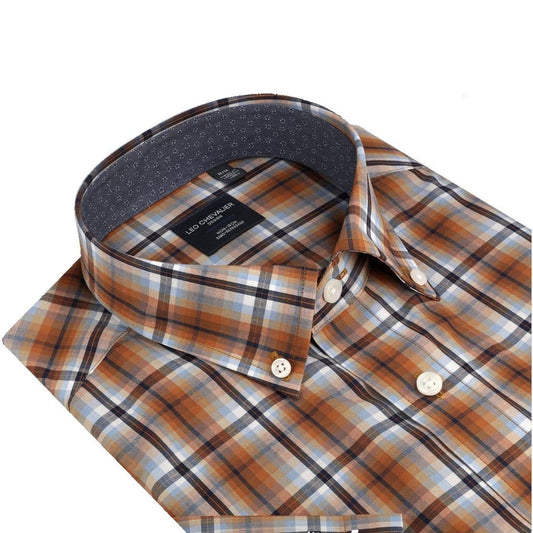 Leo Chevalier Design Orange Plaid Leo Chevalier Cotton Down Collar Short Sleeve Shirts