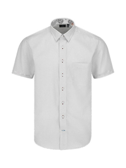 Leo Chevalier Design Red & Grey Print on White Leo Chevalier Hidden Down Collar Cotton Short Sleeve Shirts