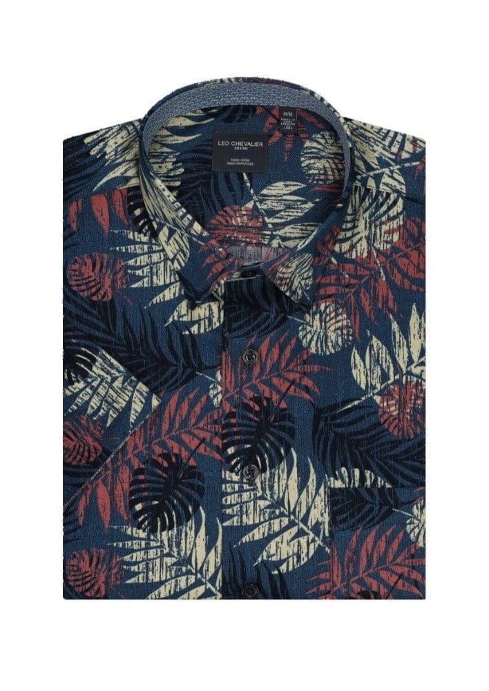 Leo Chevalier Design Rust / Denim Print Cotton Leo Chevalier Hidden Down Collar Short Sleeve Shirts