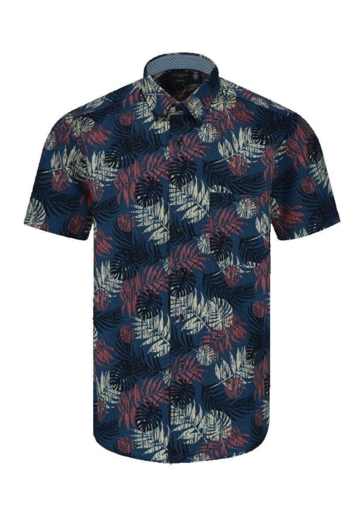 Leo Chevalier Design Rust / Denim Print Cotton Leo Chevalier Hidden Down Collar Short Sleeve Shirts