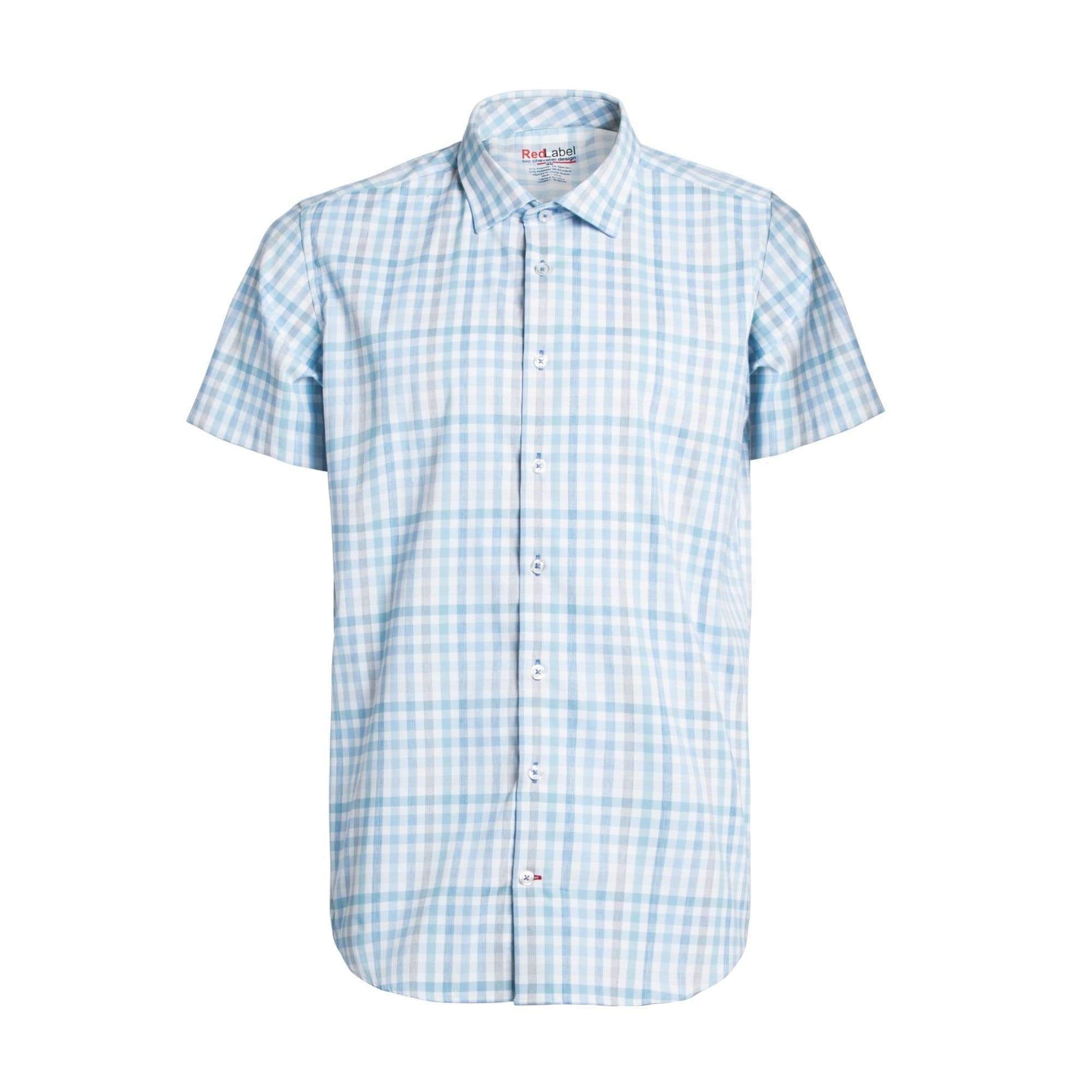 Leo Chevalier Design Short Sleeve Light Blue Check Voyage Performance Fitted Shirts Leo Chevalier