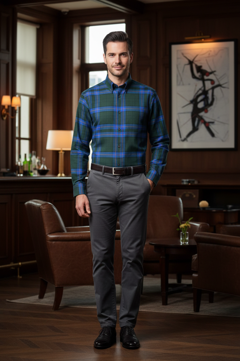 Viyella Green Plaid Cotton & Cashmere Men's Button Down Made In Canada