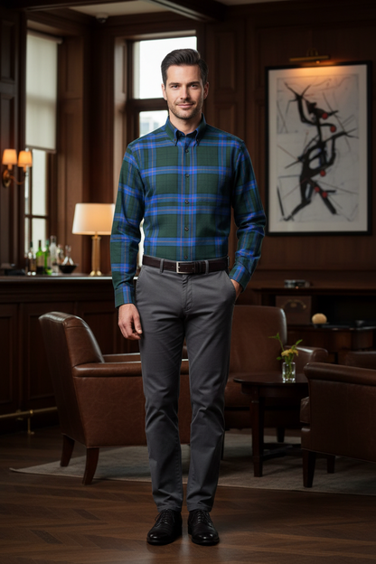 Viyella Green Plaid Cotton & Cashmere Men's Button Down Made In Canada