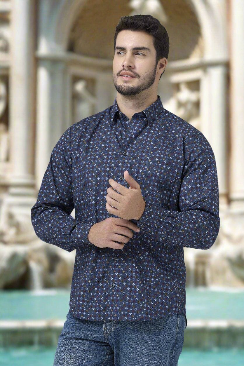 Leo Chevalier Design Stunning Print on Navy Hidden Button Down Long Sleeve Sport Shirt