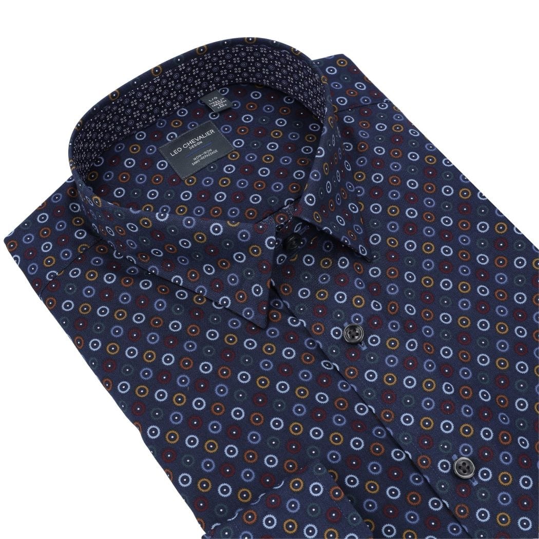 Leo Chevalier Design Stunning Print on Navy Hidden Button Down Long Sleeve Sport Shirt