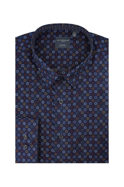 Leo Chevalier Design Stunning Print on Navy Hidden Button Down Long Sleeve Sport Shirt