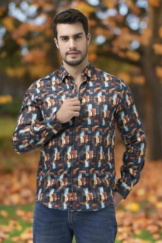 Leo Chevalier Design Stylish Modern Multi Color Print Men's Long Sleeve Slim Fit Shirt