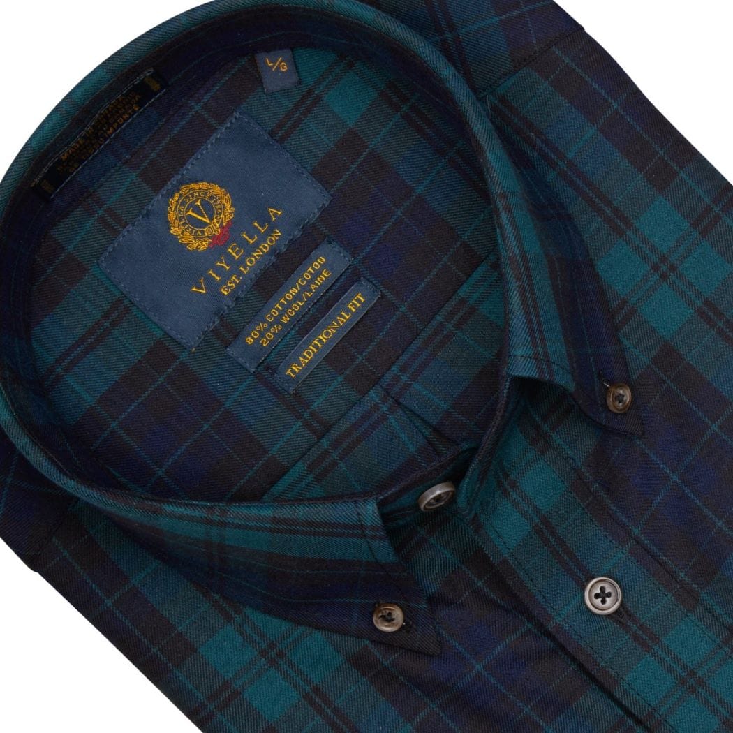 Viyella Stylish Navy & Dark Green Plaid Long Sleeve Button Down - Viyella