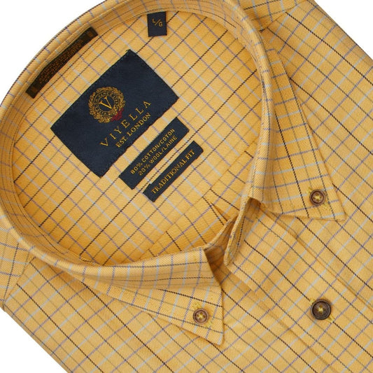 Viyella Tailored Fit Yellow Check Cotton & Wool Long Sleeve Shirts