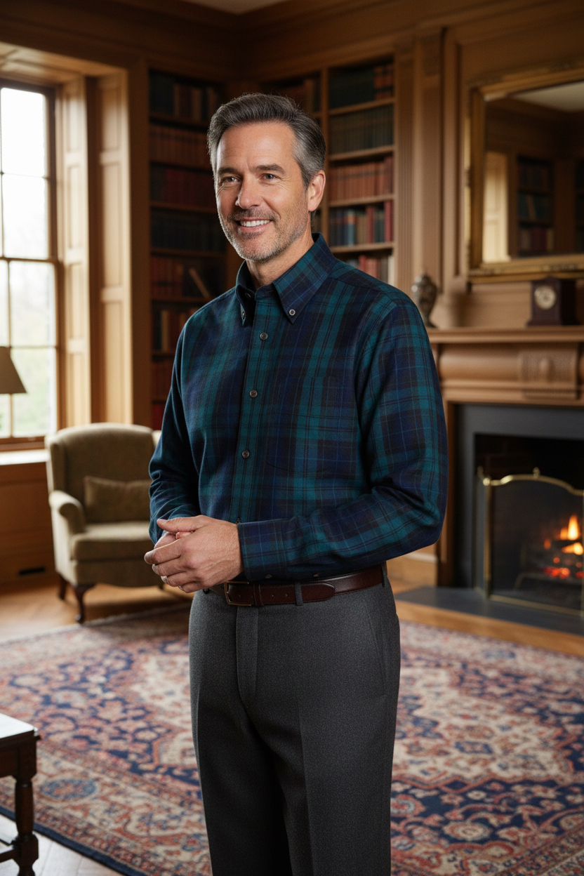 Viyella Stylish Navy & Dark Green Plaid Long Sleeve Button Down - Viyella