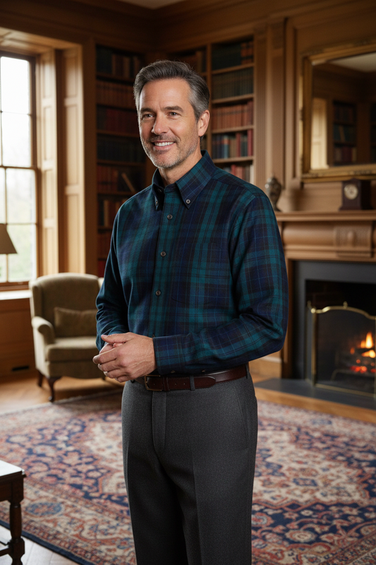 Viyella Stylish Navy & Dark Green Plaid Long Sleeve Button Down - Viyella