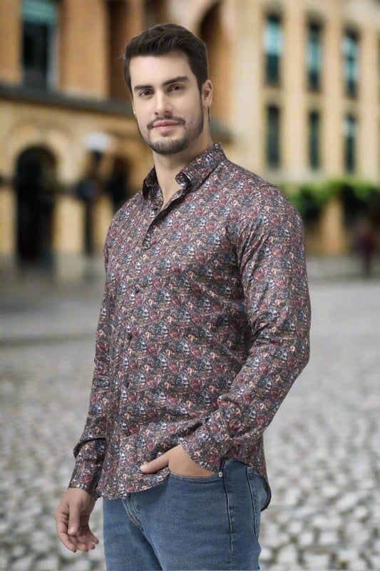 Leo Chevalier Design Vibrant Multi Color Autumn Print Men's Casual Long Sleeve Slim Fit Shirt