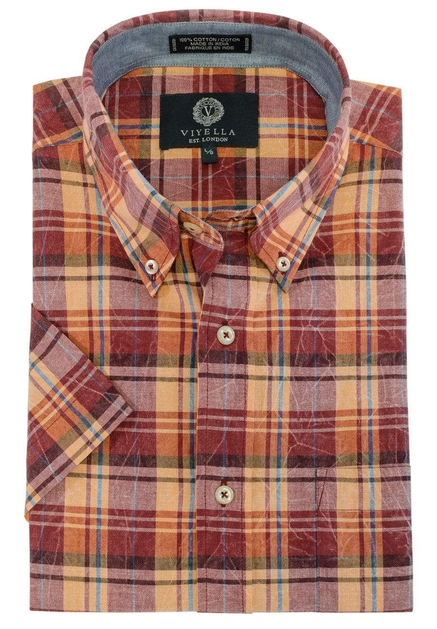 Viyella Viyella Red Plaid Madras Cotton Button Down Short Sleeve Shirts