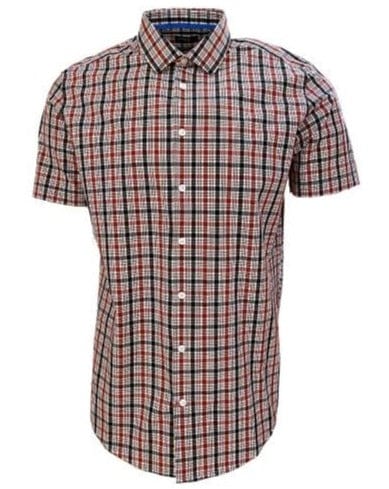 Leo Chevalier Design Voyage Performance Burgandy Check Fitted Short Sleeve Shirts Leo Chevalier