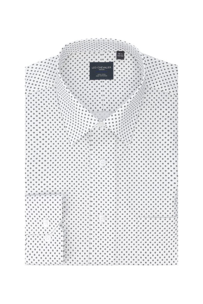 Leo Chevalier Design White With Fine Black Print Non-Iron Regular Fit Dress Shirt