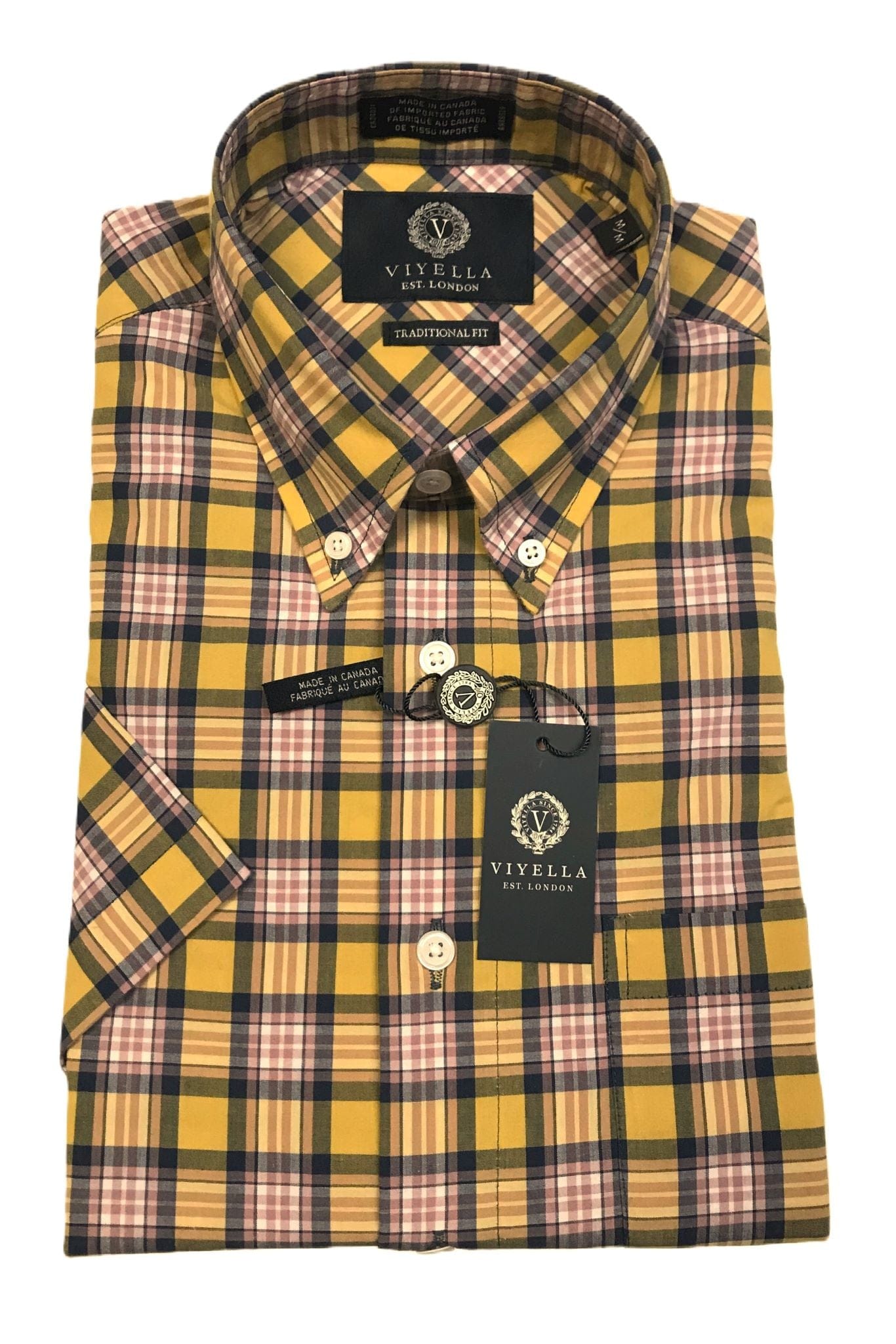 Viyella Yellow Plaid Short Sleeve Shirts for Men With Stretch